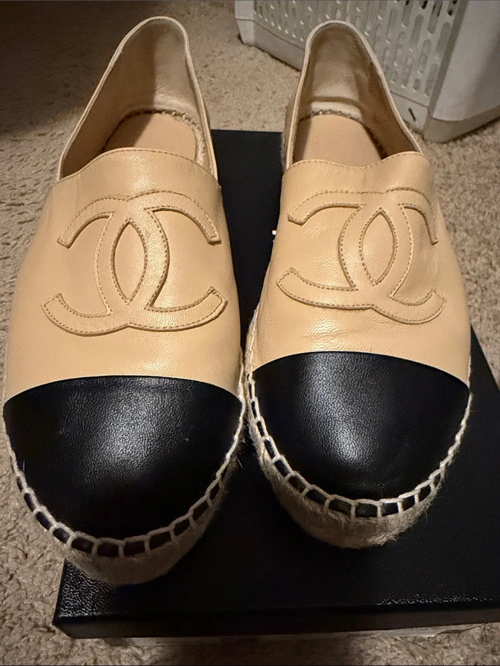 CHANEL Beige and Black Leather Espadrille Flats with Interlocking CC